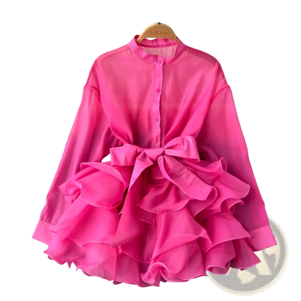 A vibrant fuchsia chiffon ruffle blouse long sleeve top with high collar front buttons and waist bow detail
