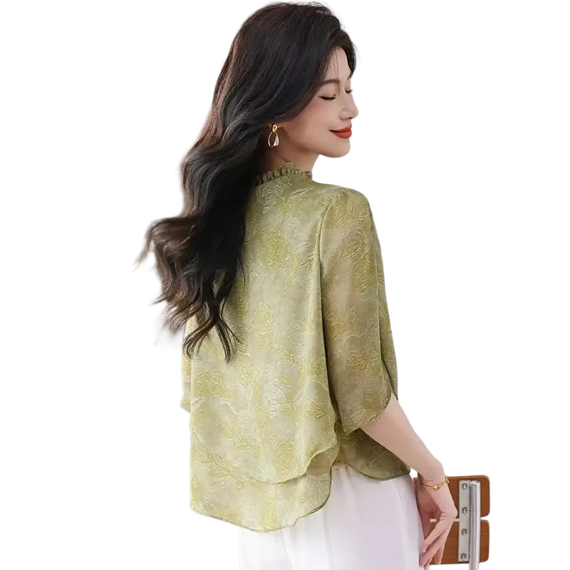 Olive-green chiffon ruffle short sleeve blouse with gold floral pattern and high neckline features size shoulder chest details