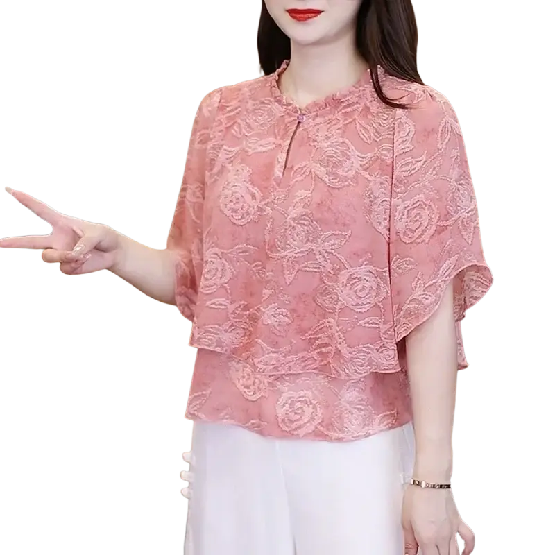 Delicate pink chiffon ruffle short sleeve blouse with floral embroidery highlighting size shoulder chest details