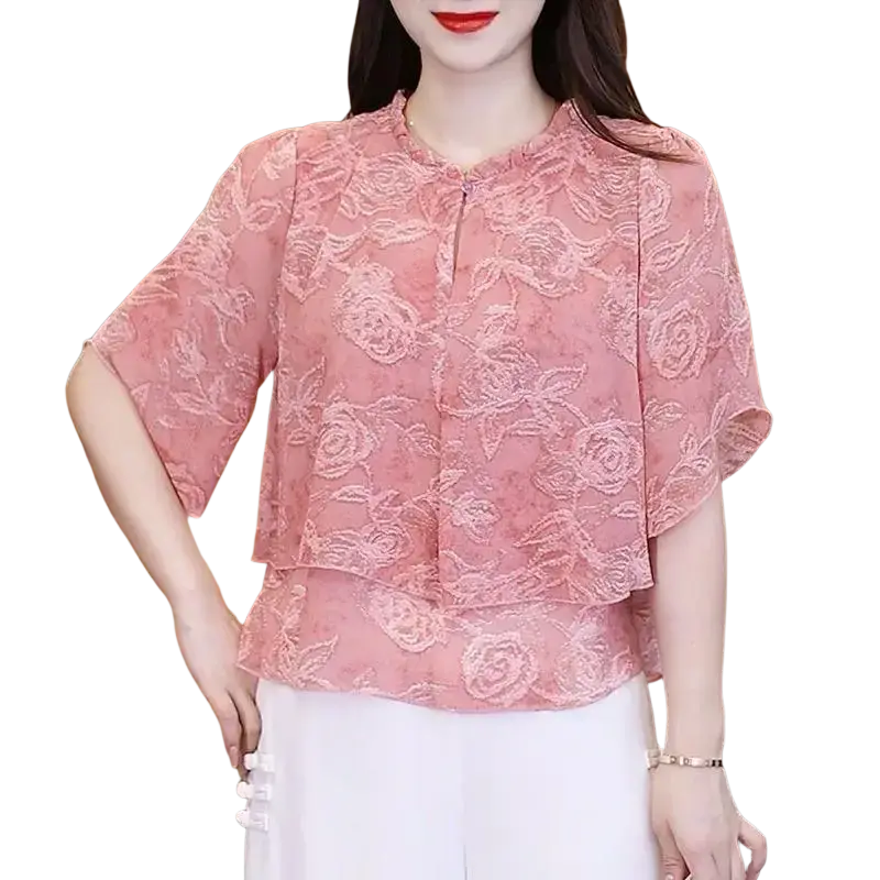A delicate pink chiffon ruffle short sleeve blouse with layered lace design suitable for size shoulder chest measurements