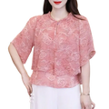 A delicate pink chiffon ruffle short sleeve blouse with layered lace design suitable for size shoulder chest measurements