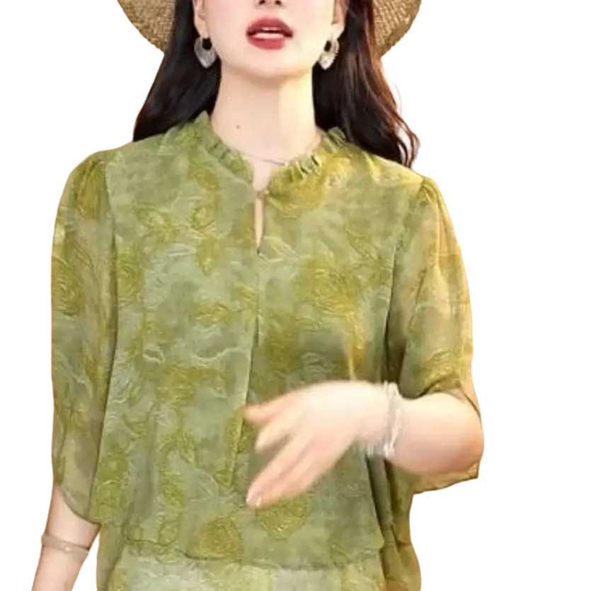 Olive green chiffon ruffle short sleeve blouse with floral embroidery detailing size shoulder chest length for women casual wear