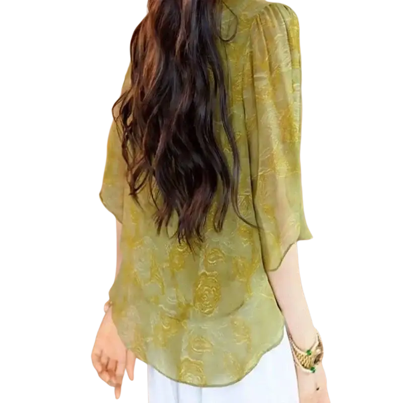 Sheer olive green chiffon ruffle blouse with gold floral pattern and puffed short sleeves size shoulder chest details visible
