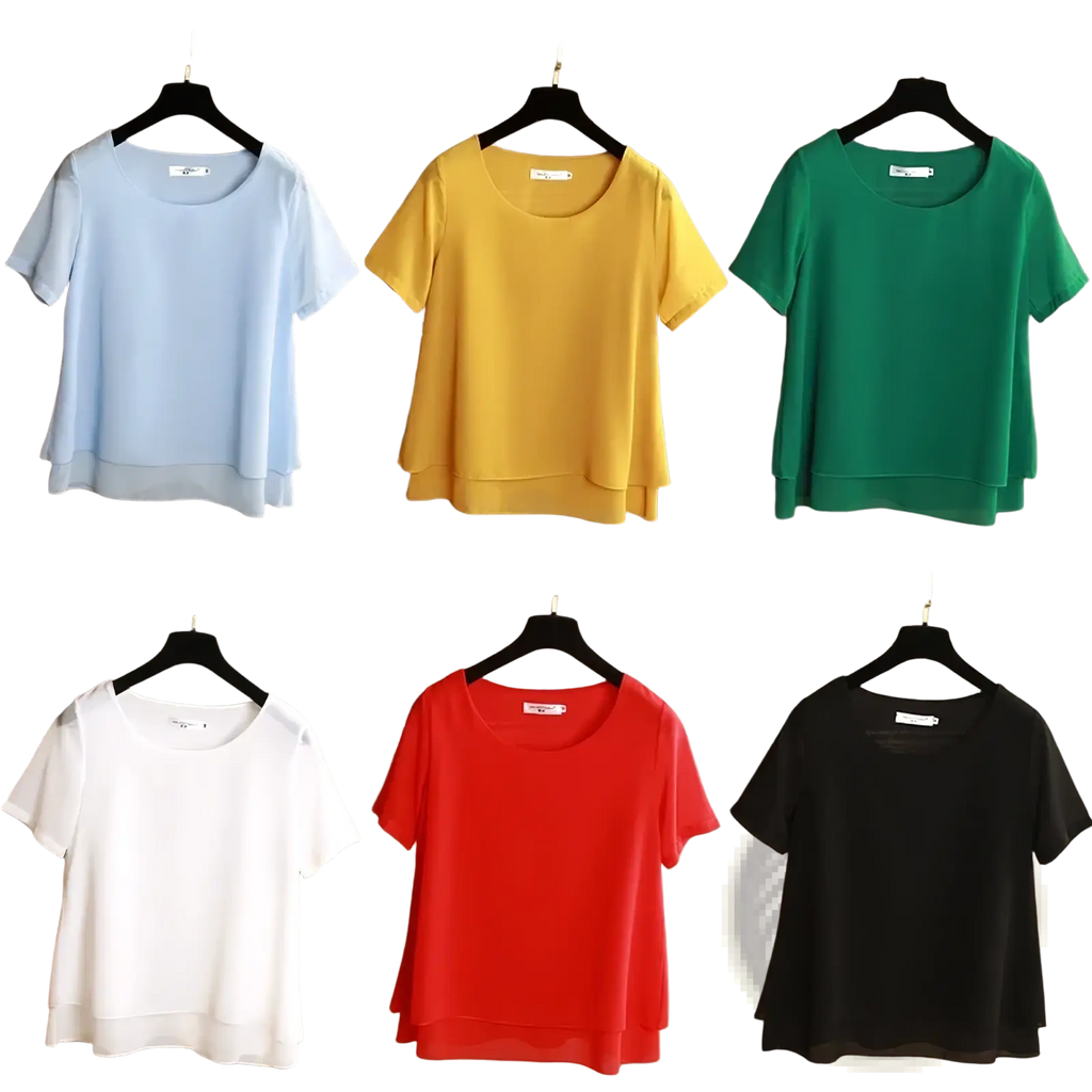 Six solid-colored chiffon tiered short sleeve blouses in light blue yellow green white red and black hanging on hangers