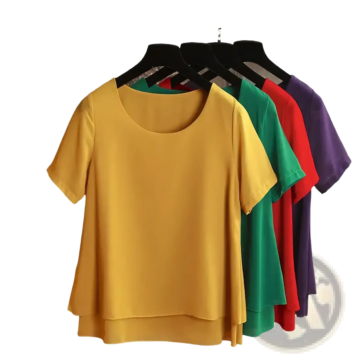 A soft mustard-yellow chiffon tiered short sleeve blouse with a round neckline and a tiered hem