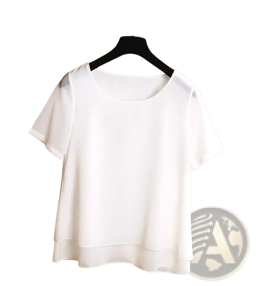 White sheer chiffon tiered short sleeve blouse with layered hemline in a lightweight breathable fabric