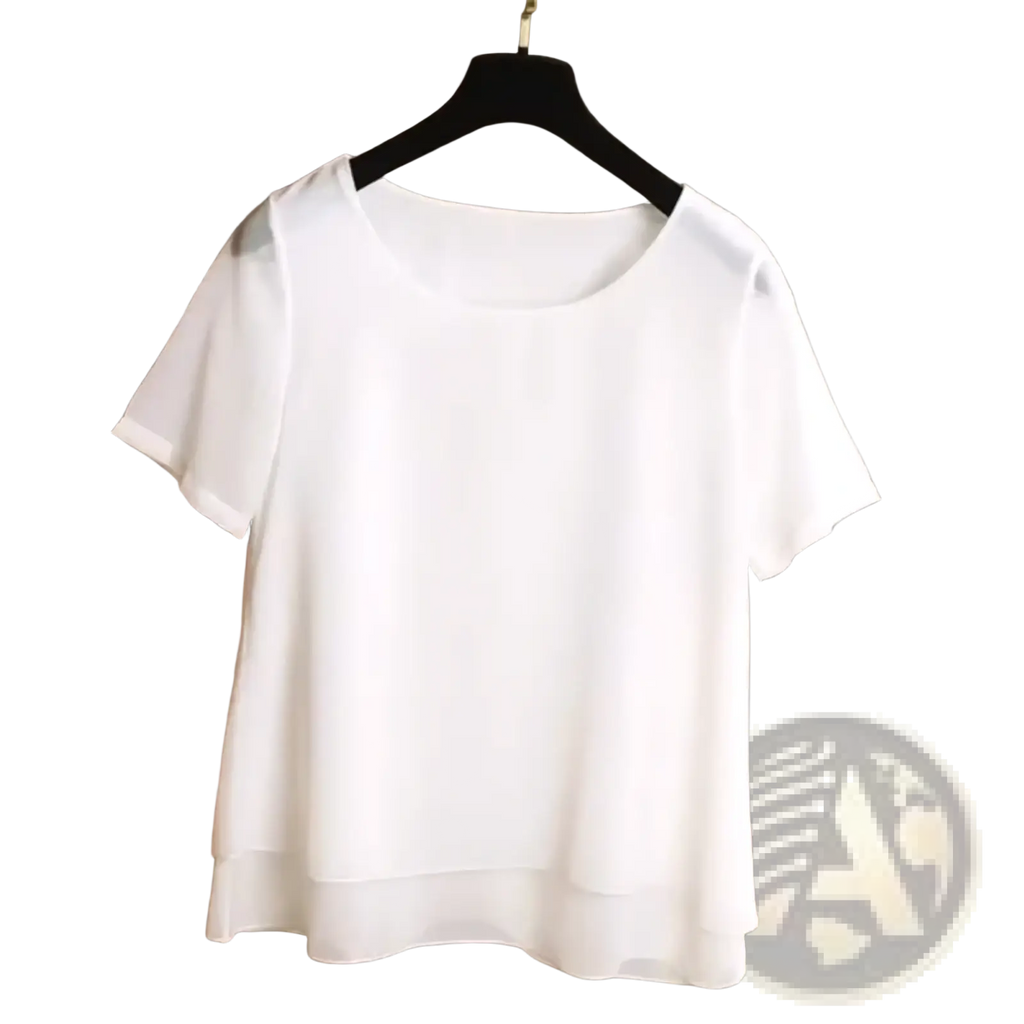 A white chiffon tiered short sleeve blouse featuring lightweight fabric and a flowing hemline