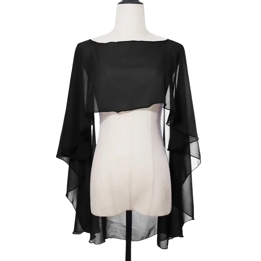 Black sheer chiffon wedding cape with ruffled sleeves and high low hemline back view for sunscreen wrap shawl