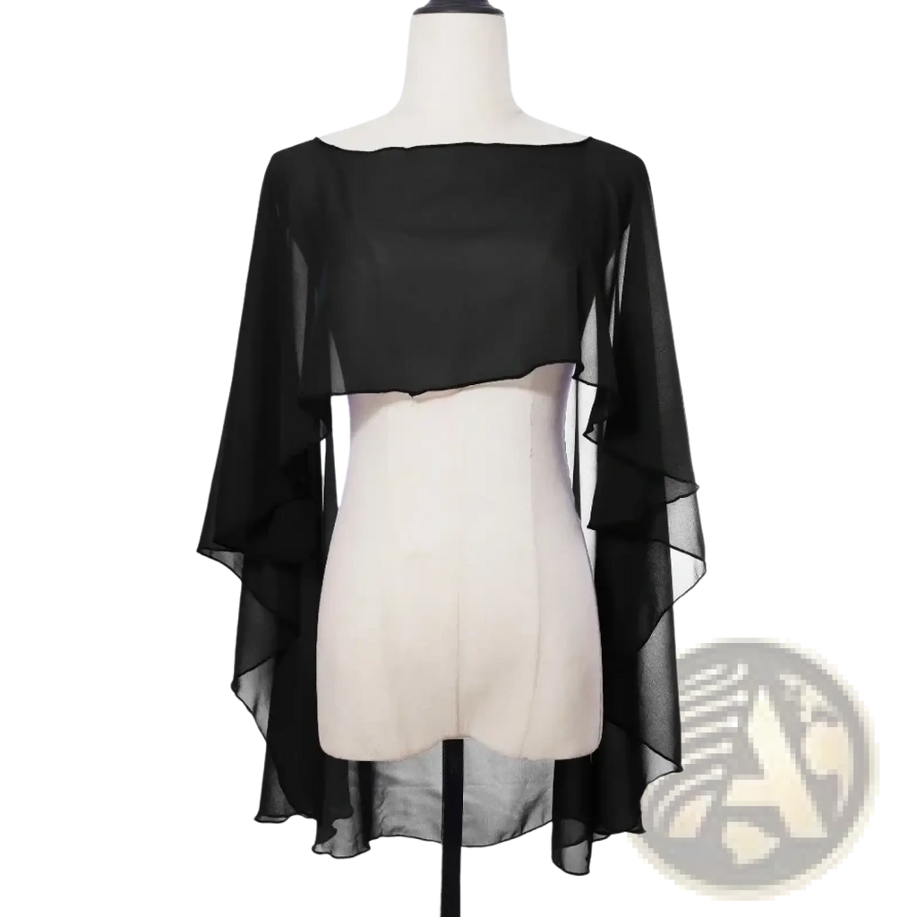 Black sheer chiffon wedding cape with ruffled sleeves and high low hemline back view for sunscreen wrap shawl