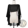 Black sheer chiffon wedding cape with ruffled sleeves and high low hemline back view for sunscreen wrap shawl