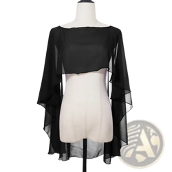 Black sheer chiffon wedding cape with ruffled sleeves and high low hemline back view for sunscreen wrap shawl