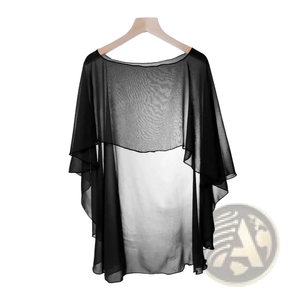 Black sheer chiffon wedding cape sunscreen wrap shawl with textured upper panel and flowing layered sleeves shown from back