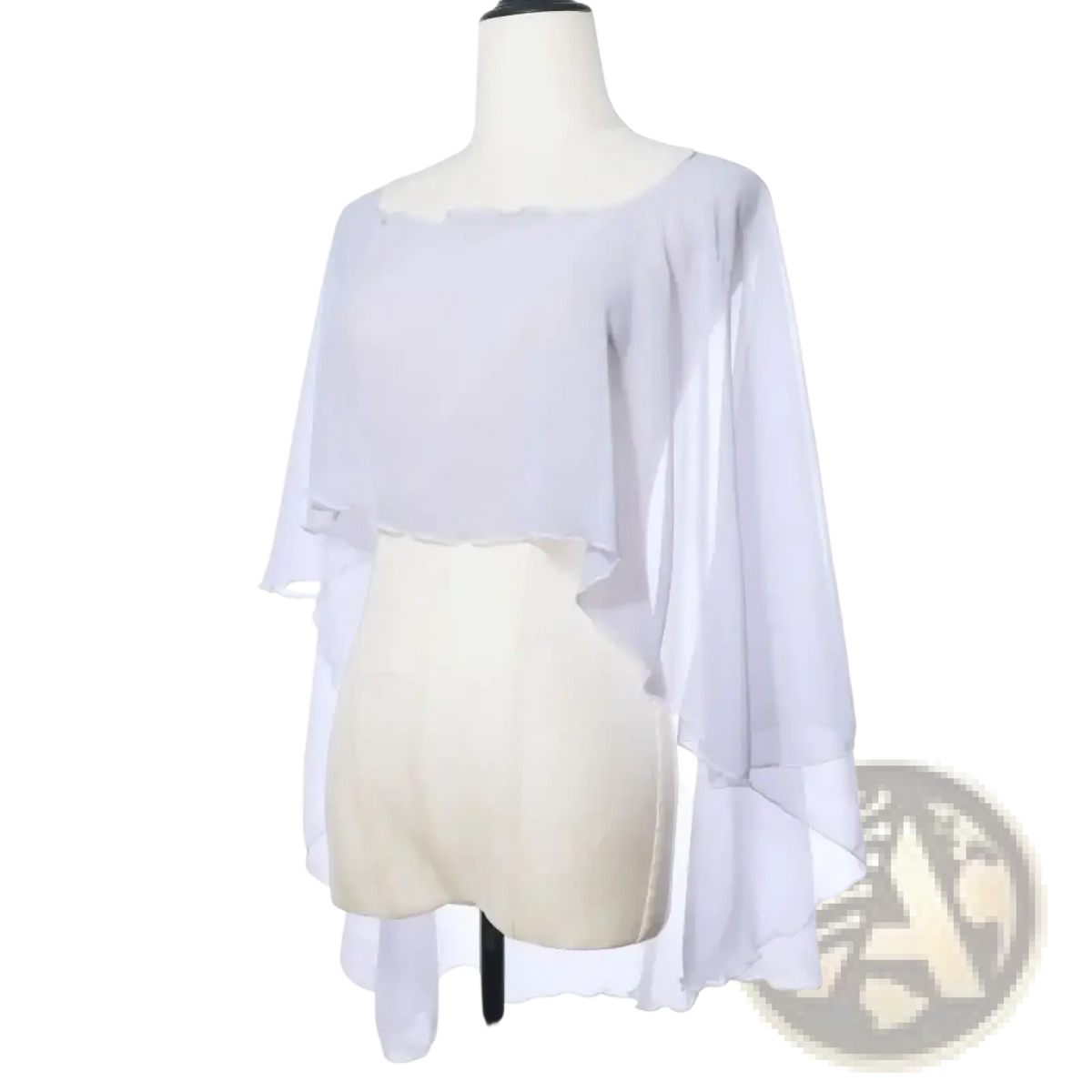 A delicate translucent white chiffon wedding cape with flowing asymmetrical design and soft ruffled edges sunscreen wrap shawl