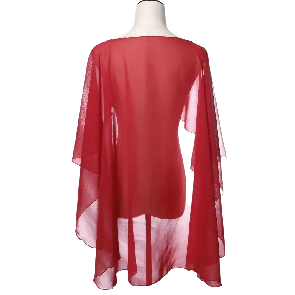 Red sheer chiffon wedding cape with flowing asymmetrical hemline and long sleeves as a sunscreen wrap
