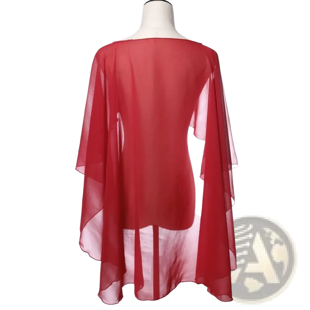 A flowing red chiffon wedding cape with a high neckline and asymmetrical hemline sunscreen wrap shawl