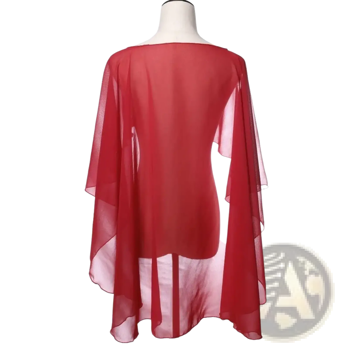 A flowing red chiffon wedding cape with a high neckline and asymmetrical hemline sunscreen wrap shawl