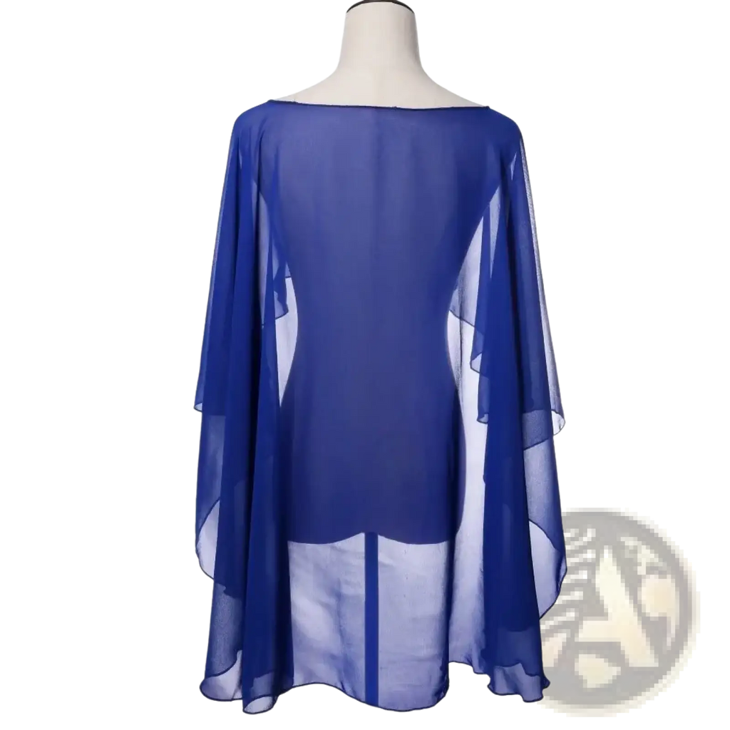 A flowing royal blue sheer chiffon wedding cape with high-low hemline and wide draped sleeves sunscreen wrap shawl