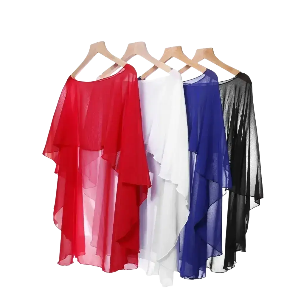 A flowing sheer chiffon wedding cape in red white blue and black designed as a sunscreen wrap shawl for weddings