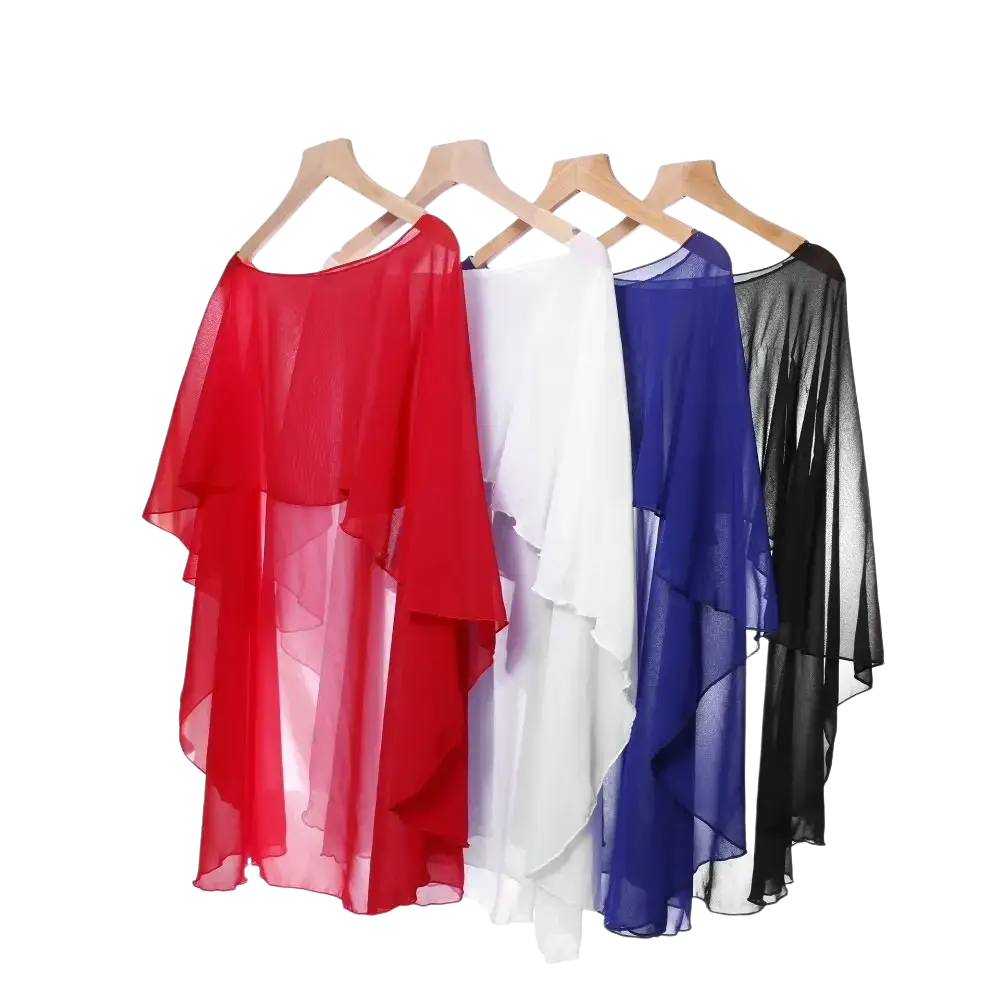 A flowing sheer chiffon wedding cape sunscreen wrap shawl in vibrant red white blue and black colors