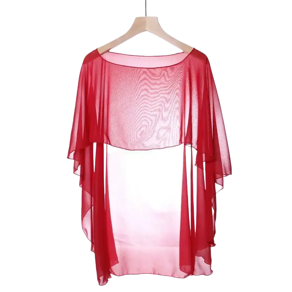 Sheer red chiffon wedding cape with subtle wave texture and flowing draped sleeves, ideal as a sunscreen wrap