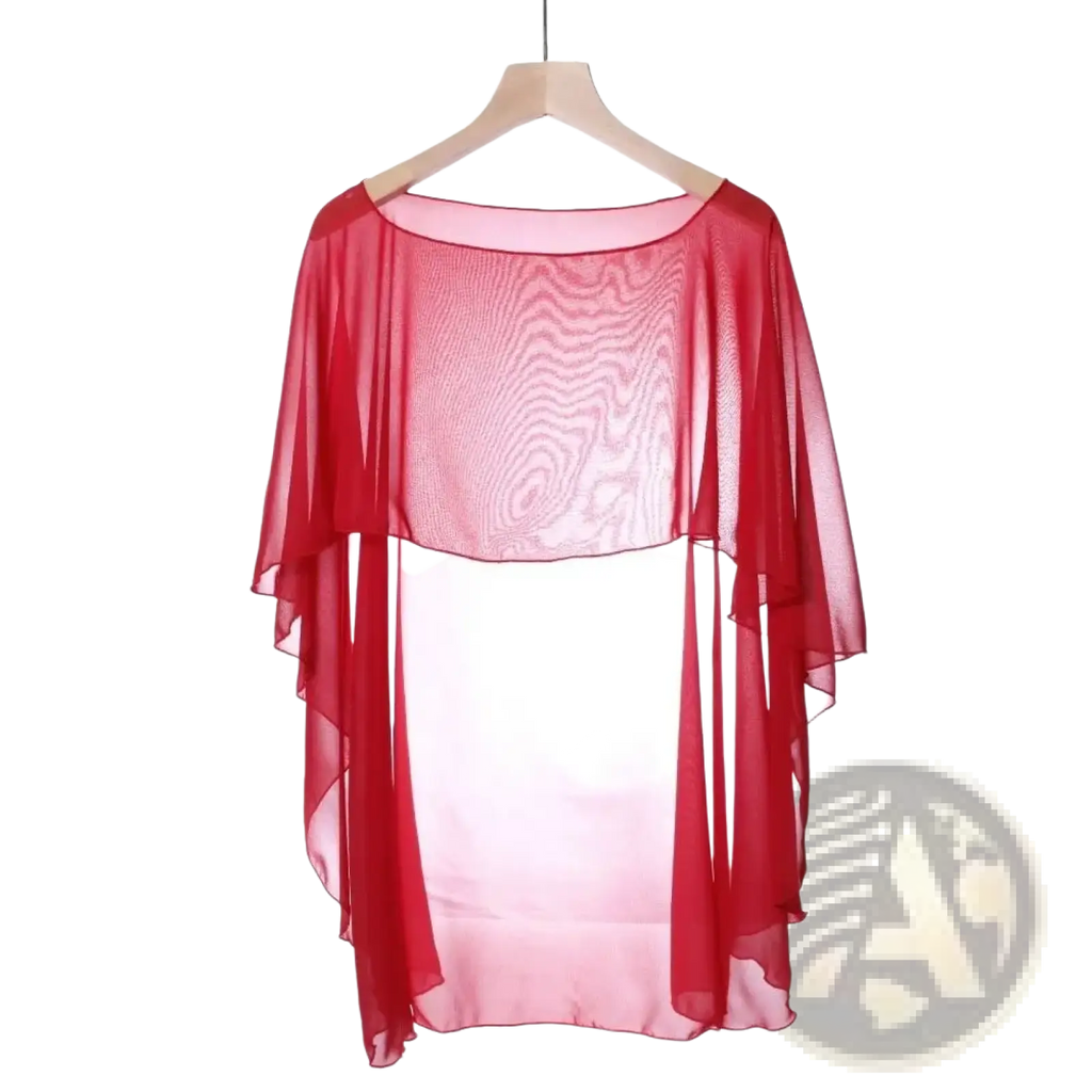 Sheer red chiffon wedding cape sunscreen wrap shawl with flowing asymmetrical hem and subtle wave-patterned texture