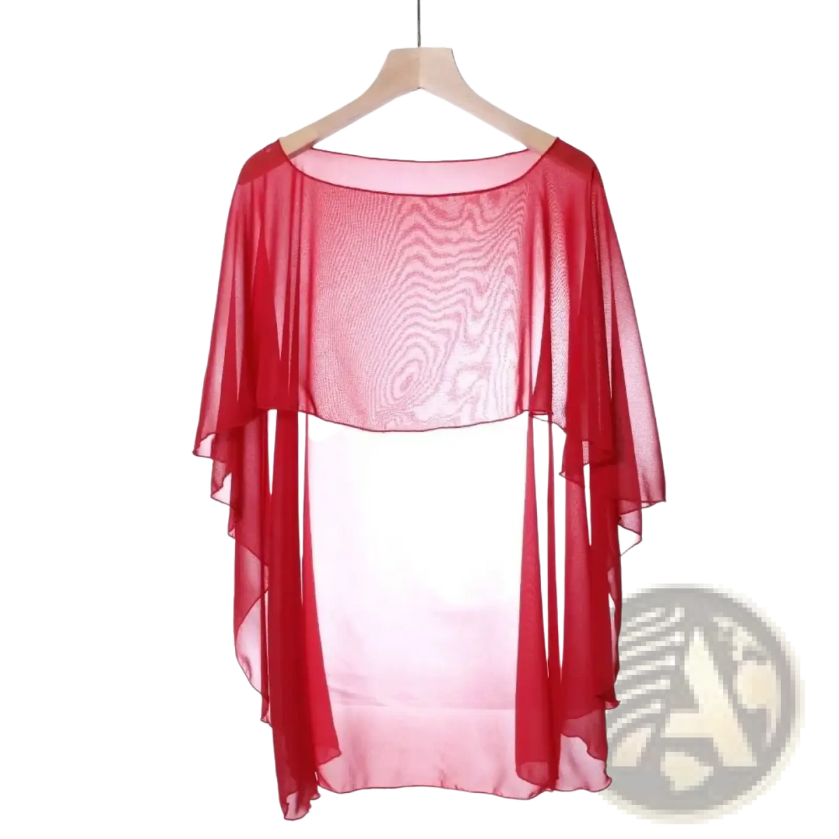 Sheer red chiffon wedding cape sunscreen wrap shawl with flowing asymmetrical hem and subtle wave-patterned texture