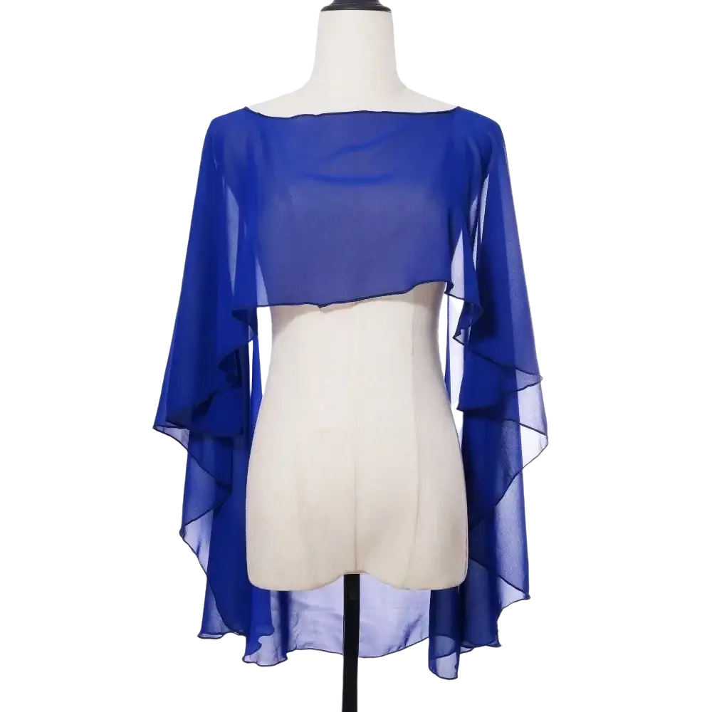 A sheer royal blue chiffon wedding cape with layered flowing sleeves and a high low hemline for sun protection