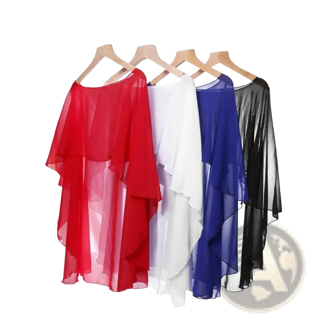 A flowing sheer chiffon wedding cape sunscreen wrap shawl in vibrant red white blue and black colors