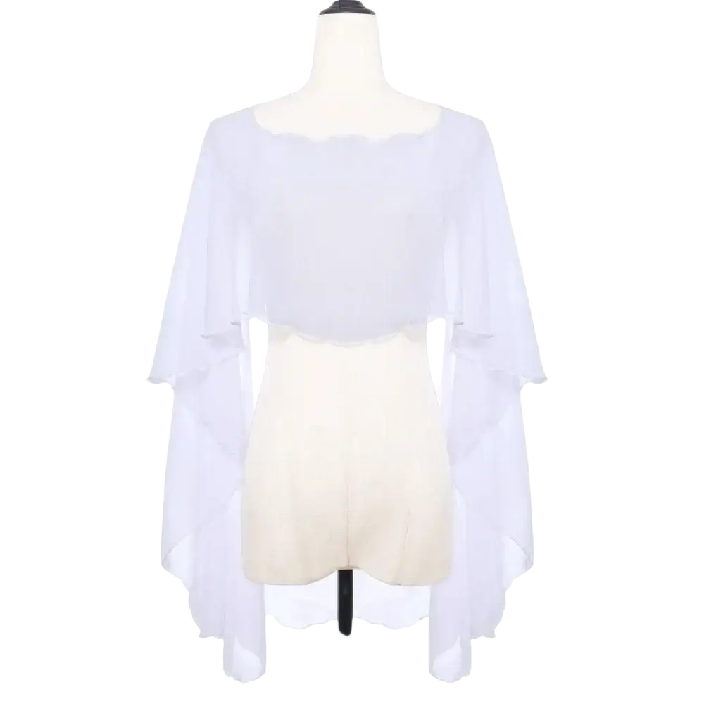 White sheer chiffon wedding cape with scalloped hem and flowing asymmetrical sleeves for sunscreen wrap use