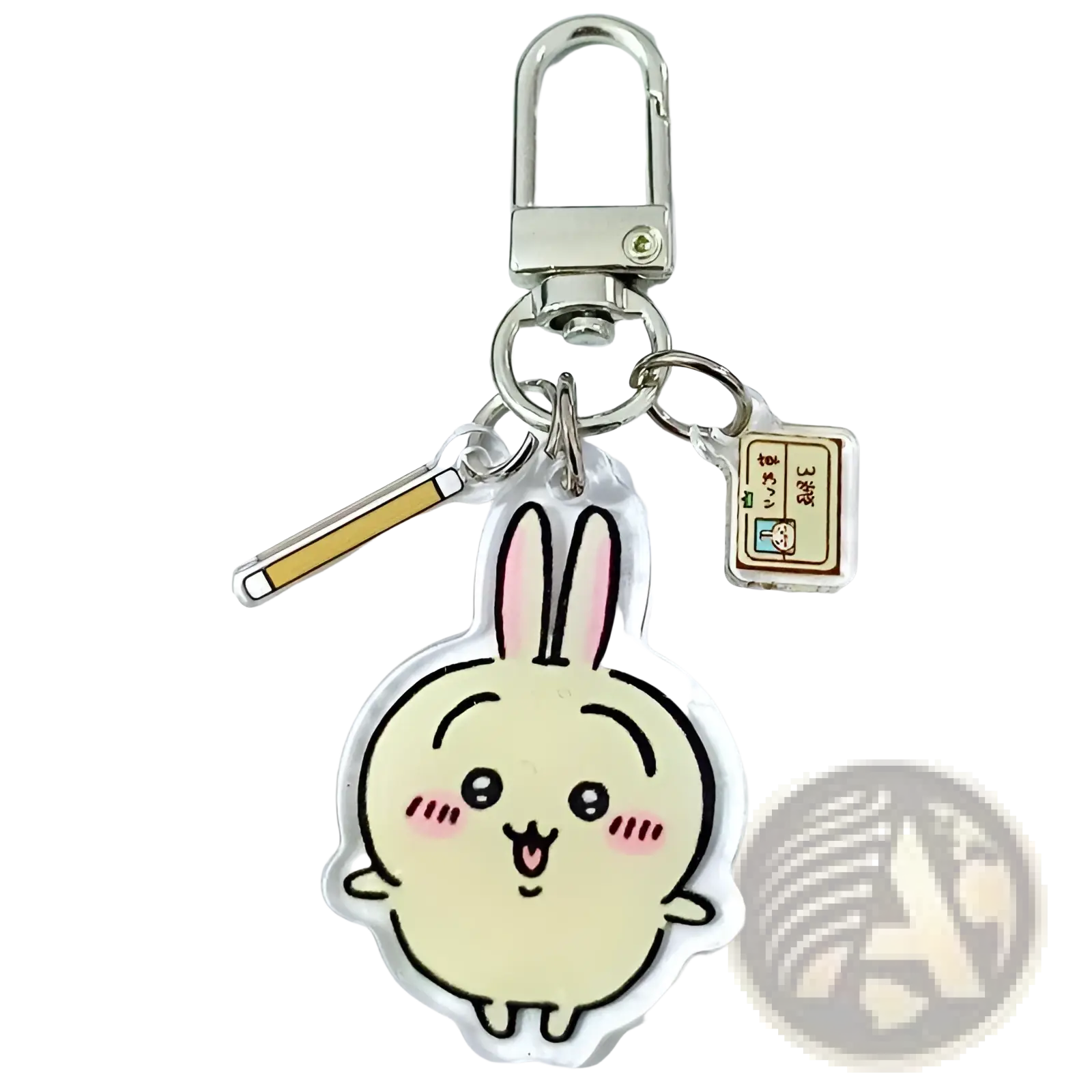 A clear acrylic chiikawa bunny keychain featuring a cream cartoon rabbit with pink ears and blush marks for backpacks