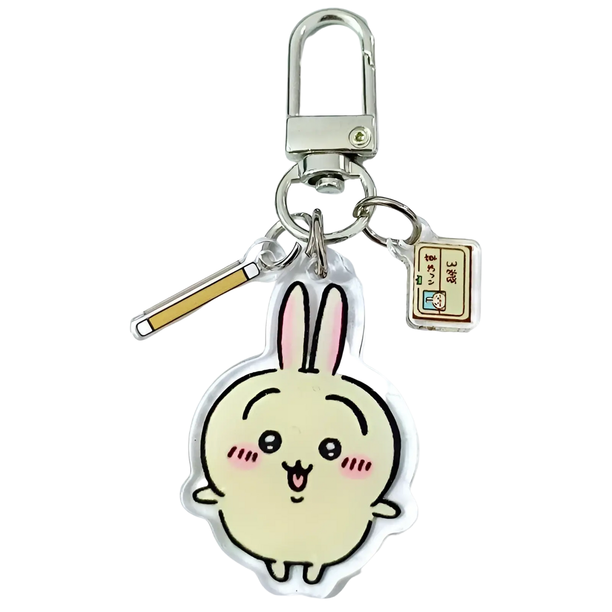 A clear acrylic chiikawa bunny keychain featuring a cream cartoon rabbit with pink ears and blush marks for backpacks