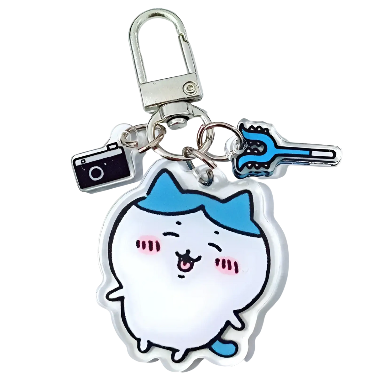 Clear acrylic Chiikawa Bunny keychain featuring a cute white cat with blue hair and small camera and tool charms