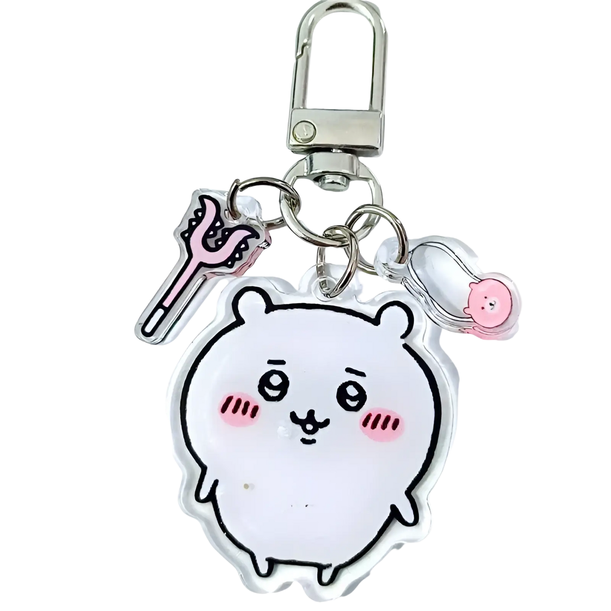 Clear acrylic Chiikawa bunny keychain featuring a white round cartoon character with pink cheeks and black outlines
