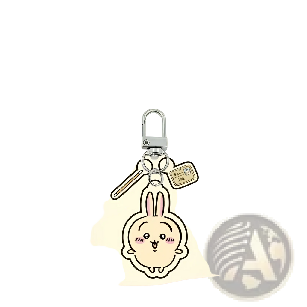 A cream-colored chiikawa bunny acrylic keychain with a smiling face, silver clip, and key-shaped charm