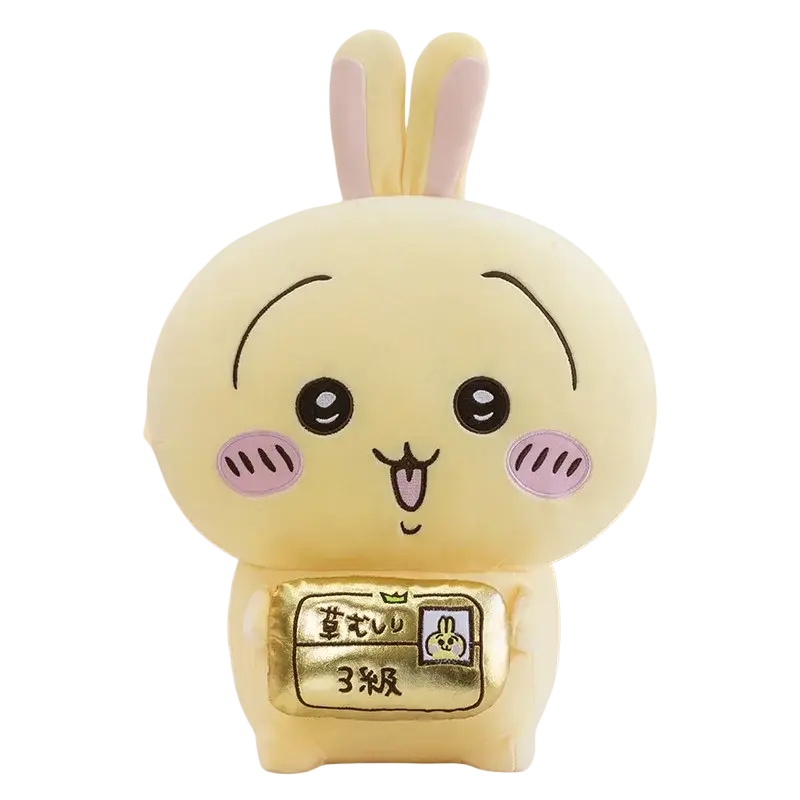 Cream-colored plush chiikawa usagi soft stuffed rabbit with pink ears and cheeks holding a golden 3級 badge