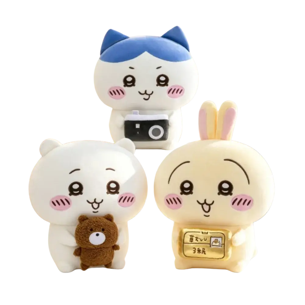 Cute white plush cat figurine with blue ears holding a black camera chiikawa usagi soft stuffed animal toy