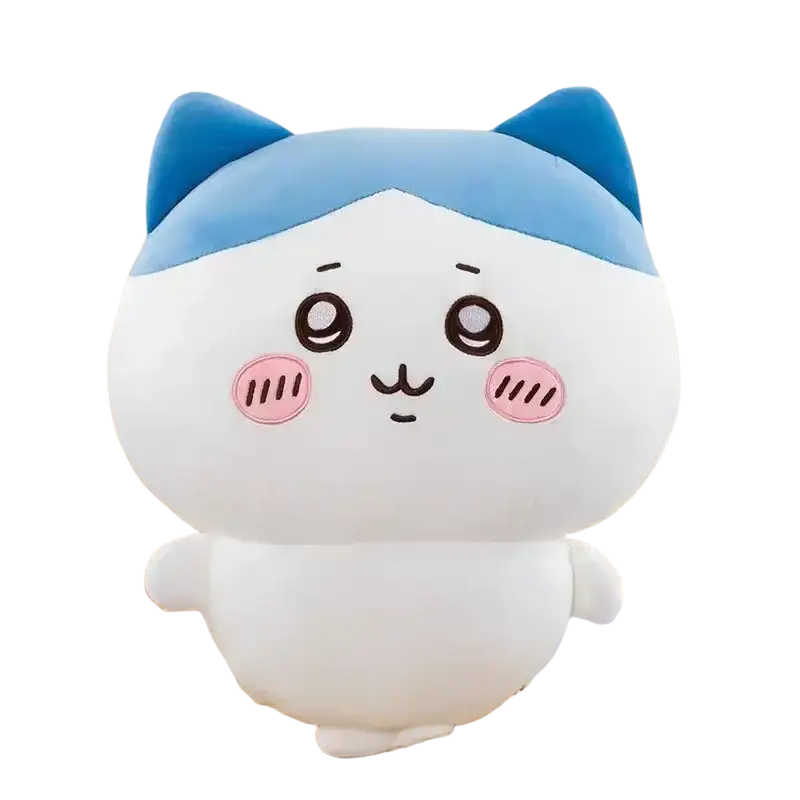 Cute white chiikawa usagi plush toy with blue ears pink cheeks and soft cuddly stuffed animal texture
