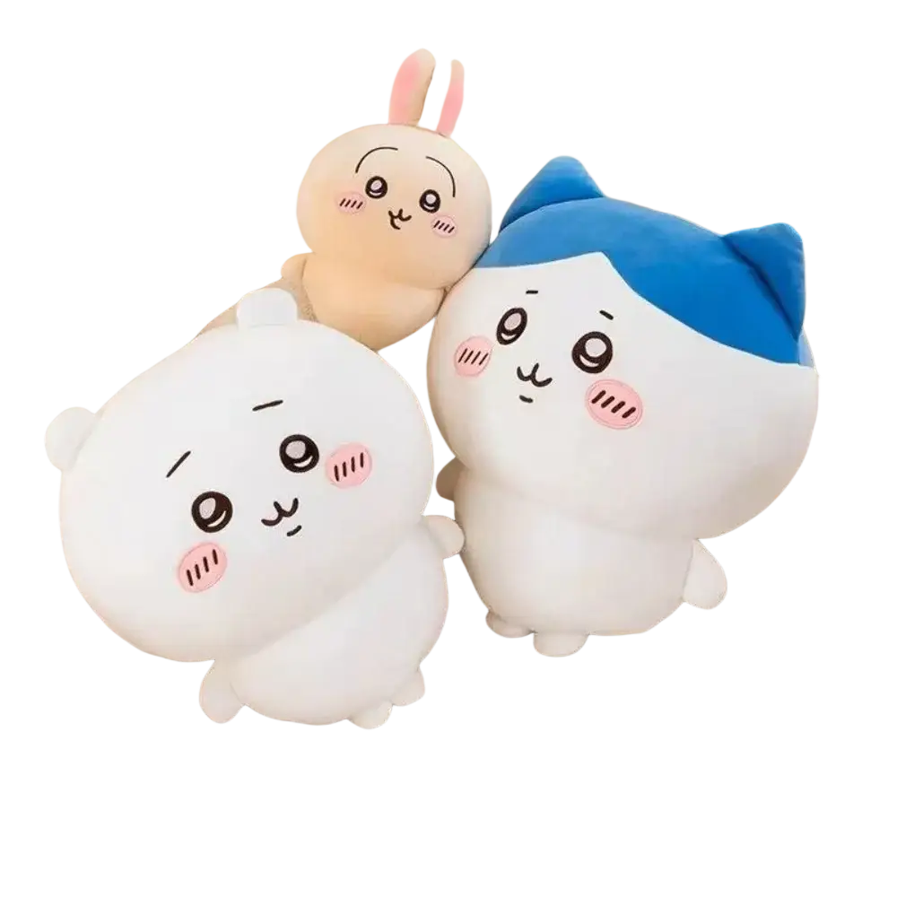 White plush chiikawa Usagi soft stuffed animals with pink cheeks and one wearing a blue hat for cuddly comfort