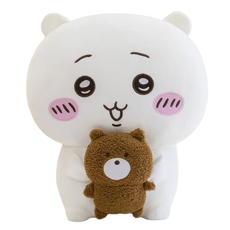 White plush Chiikawa Usagi stuffed animal with pink cheeks holding a smaller brown teddy bear soft toy