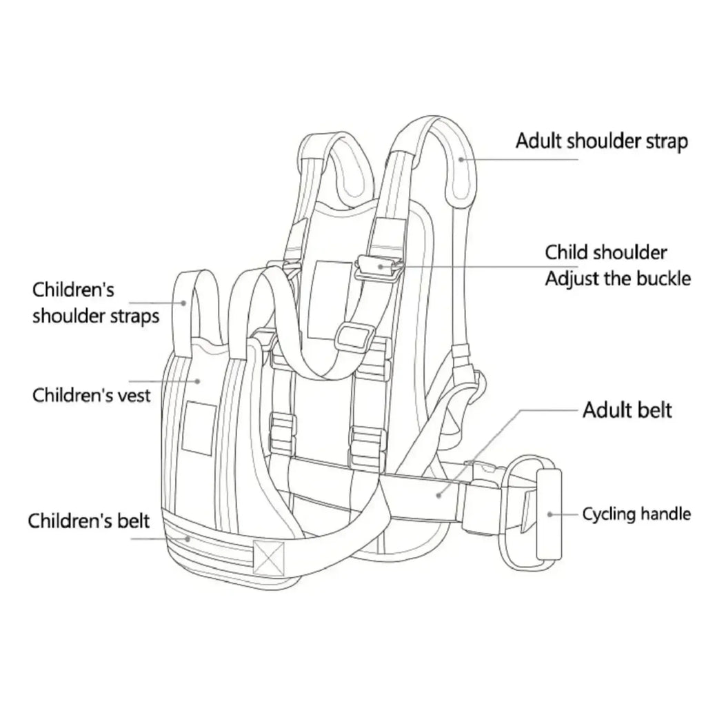 Child motorcycle safety harness with adjustable adult and child shoulder straps belt system and cycling handle for secure transport