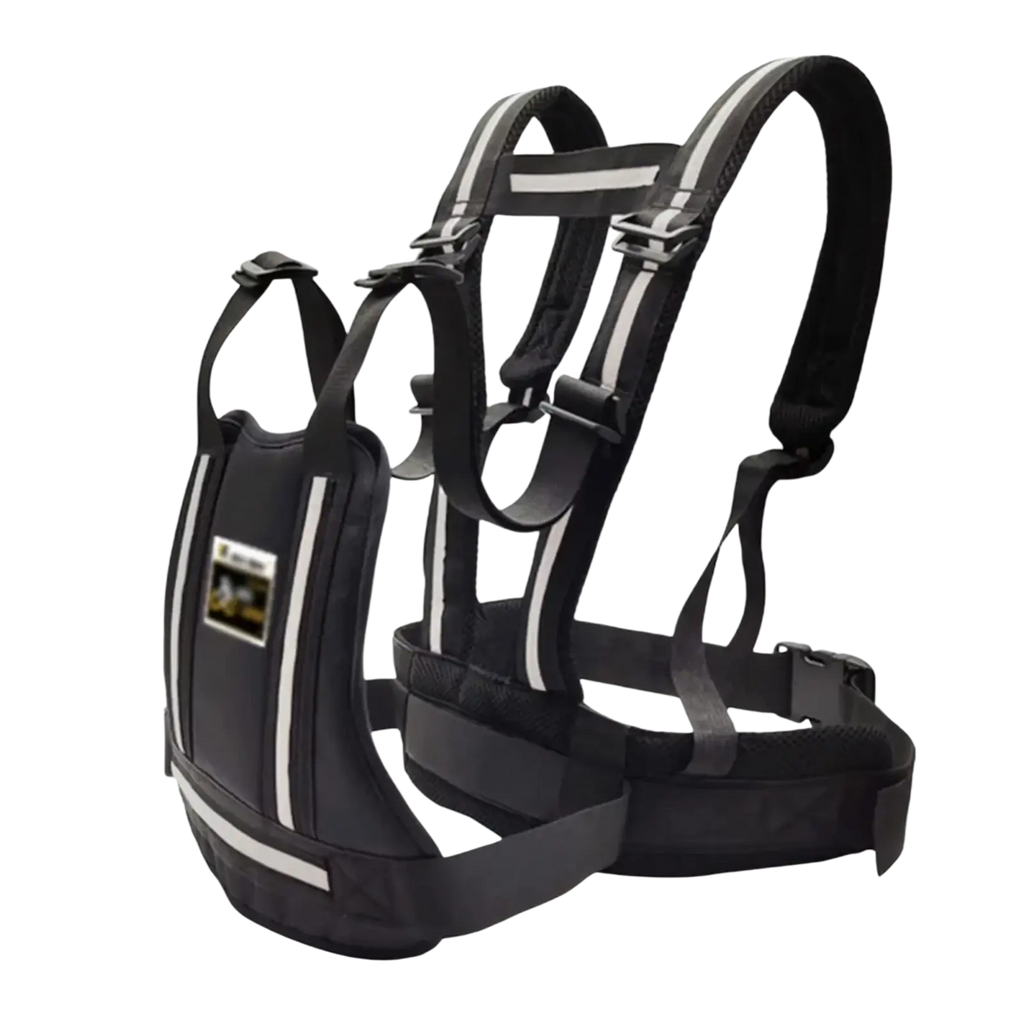 Black reflective child motorcycle safety harness with adjustable straps and padded front panel for anti-drop use