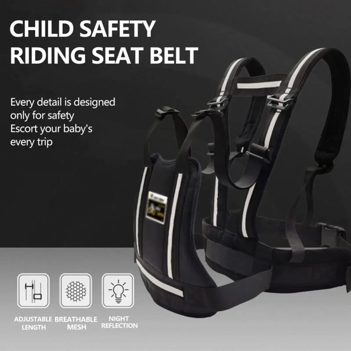 Black child motorcycle safety harness with adjustable breathable mesh straps and reflective white seat belt, back side view