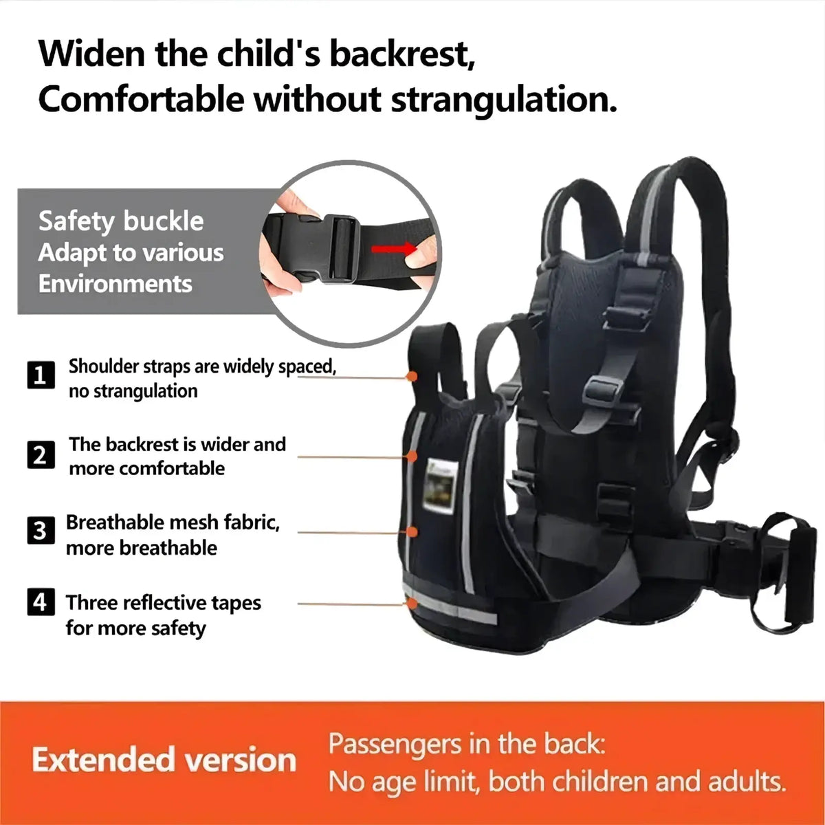 Black child motorcycle safety harness with wide shoulder straps breathable mesh fabric and reflective tapes for visibility