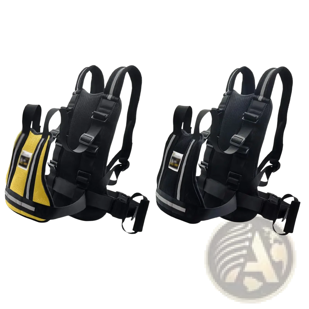 Black and yellow reflective child motorcycle safety harness with adjustable straps for anti-drop protection