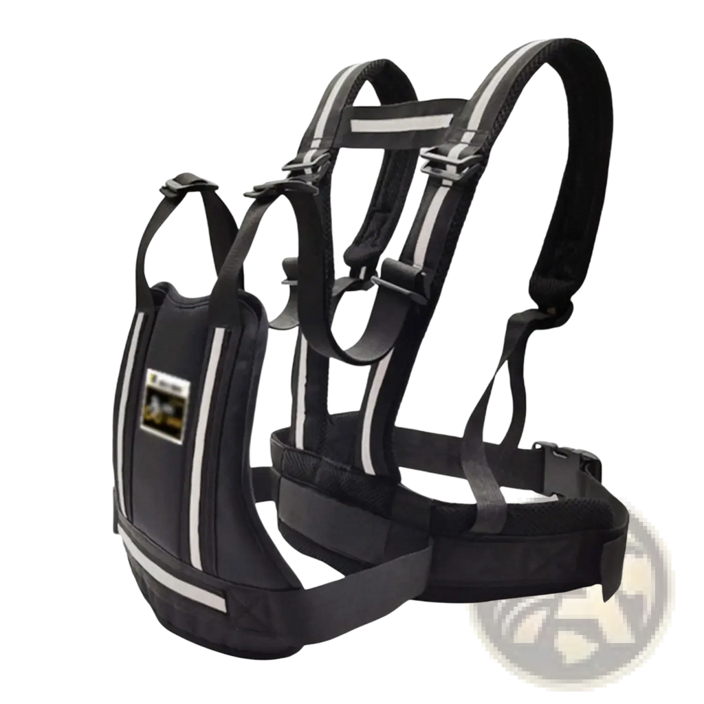 Black reflective child motorcycle safety harness with adjustable straps and padded front panel for anti-drop use