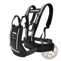 Black reflective child motorcycle safety harness with adjustable straps and padded front panel for anti-drop use