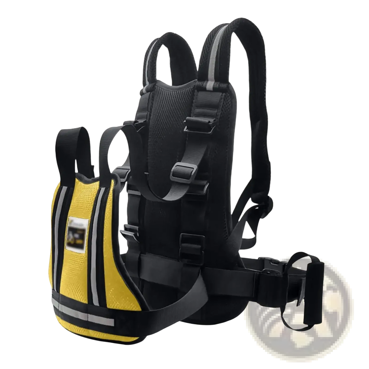 Yellow and black reflective child motorcycle safety harness with mesh back panel and adjustable anti-drop straps