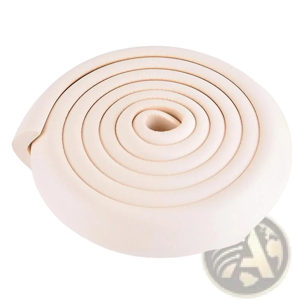 Beige foam child safety bumper strip coiled in a spiral with thick l shape guard and rounded edges for childproofing