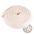 Beige foam child safety bumper strip coiled in a spiral with thick l shape guard and rounded edges for childproofing