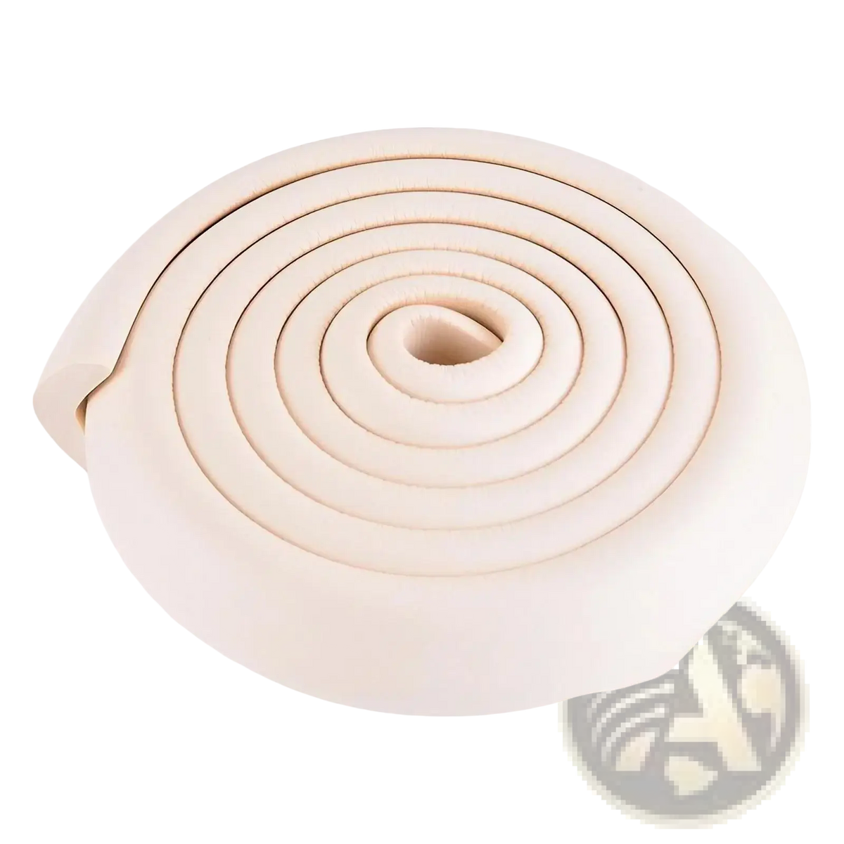 Beige foam child safety bumper strip coiled in a spiral with thick l shape guard and rounded edges for childproofing